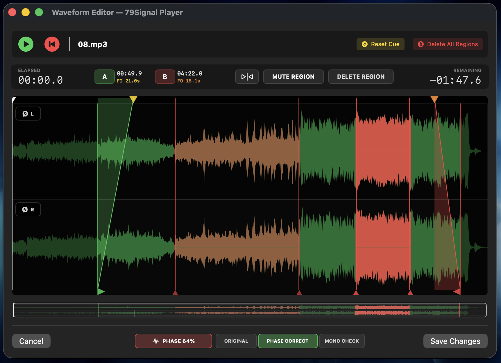 79Signal Player Waveform Editor showing separate stereo channels, A and B markers, fades, mute regions and phase controls