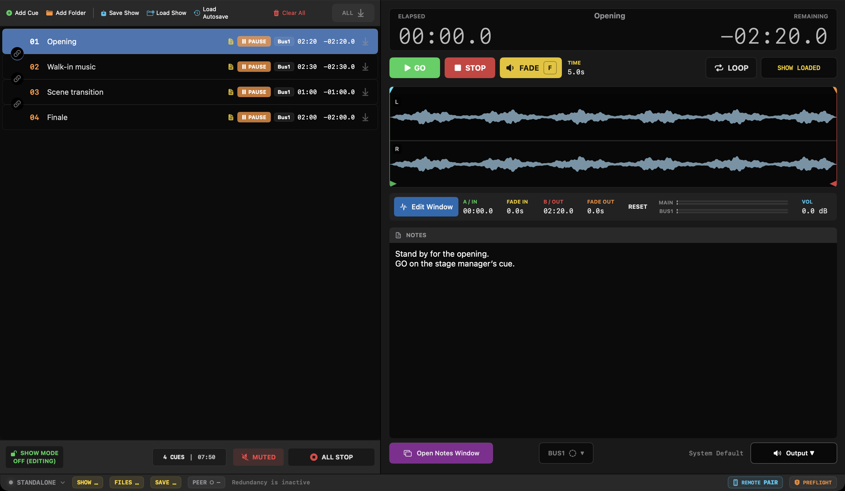 79Signal Player 1.2 main window with four demonstration cues, stereo waveforms and transport controls