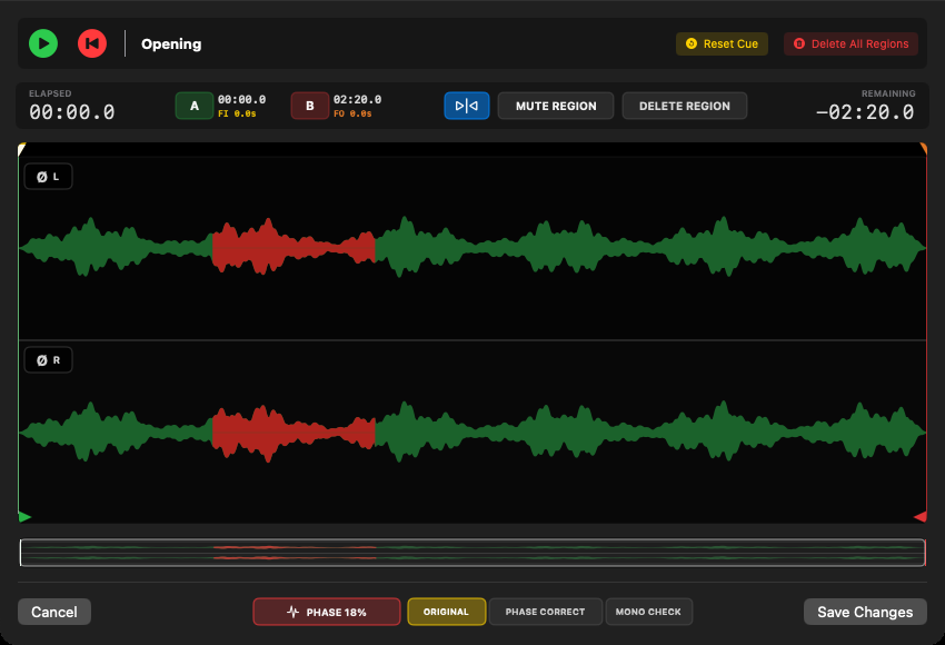 Player 1.2 native phase analysis of the Opening demonstration cue, with Original selected and Phase Correct and Mono Check controls available