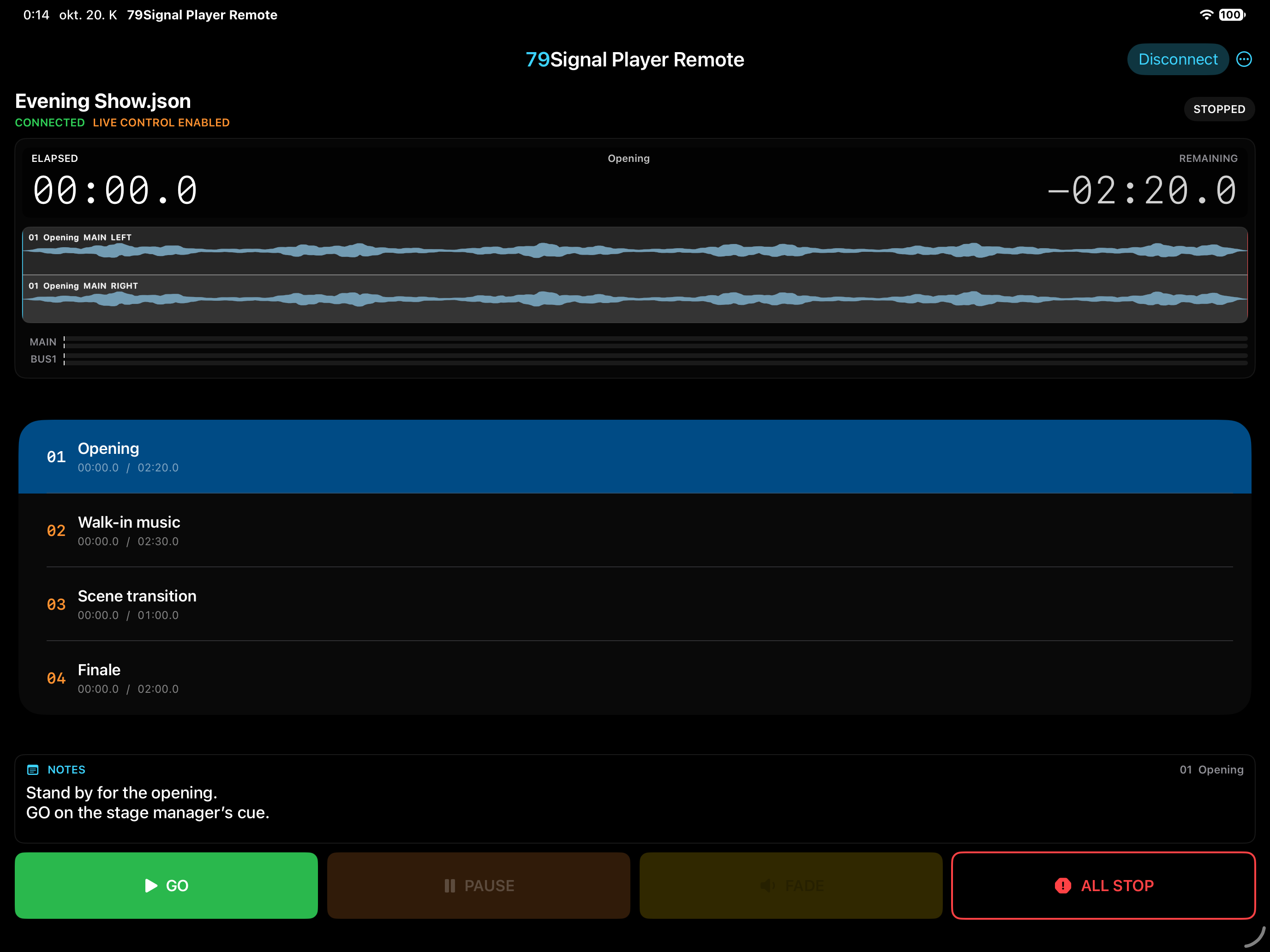 Player Remote on iPad in landscape, with cue list, waveform, counters and transport controls connected to a demonstration Mac show