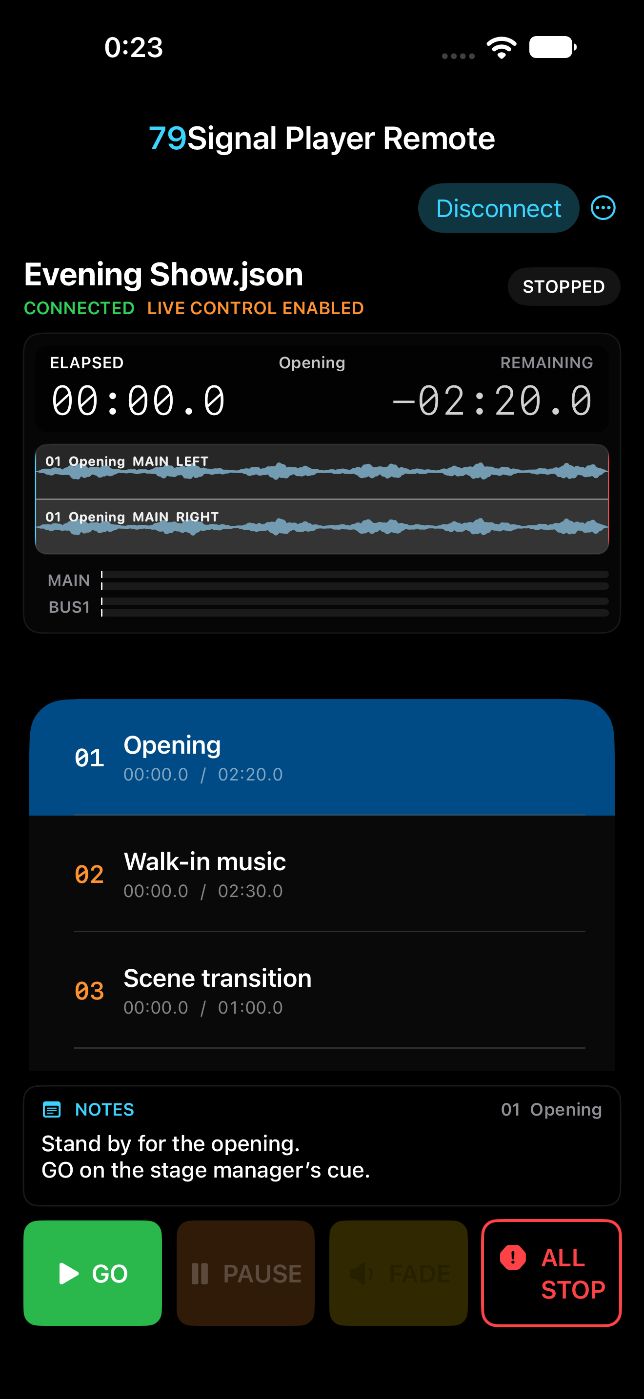 Player Remote on iPhone, showing the selected cue, stereo waveform and playback controls for the same demonstration show
