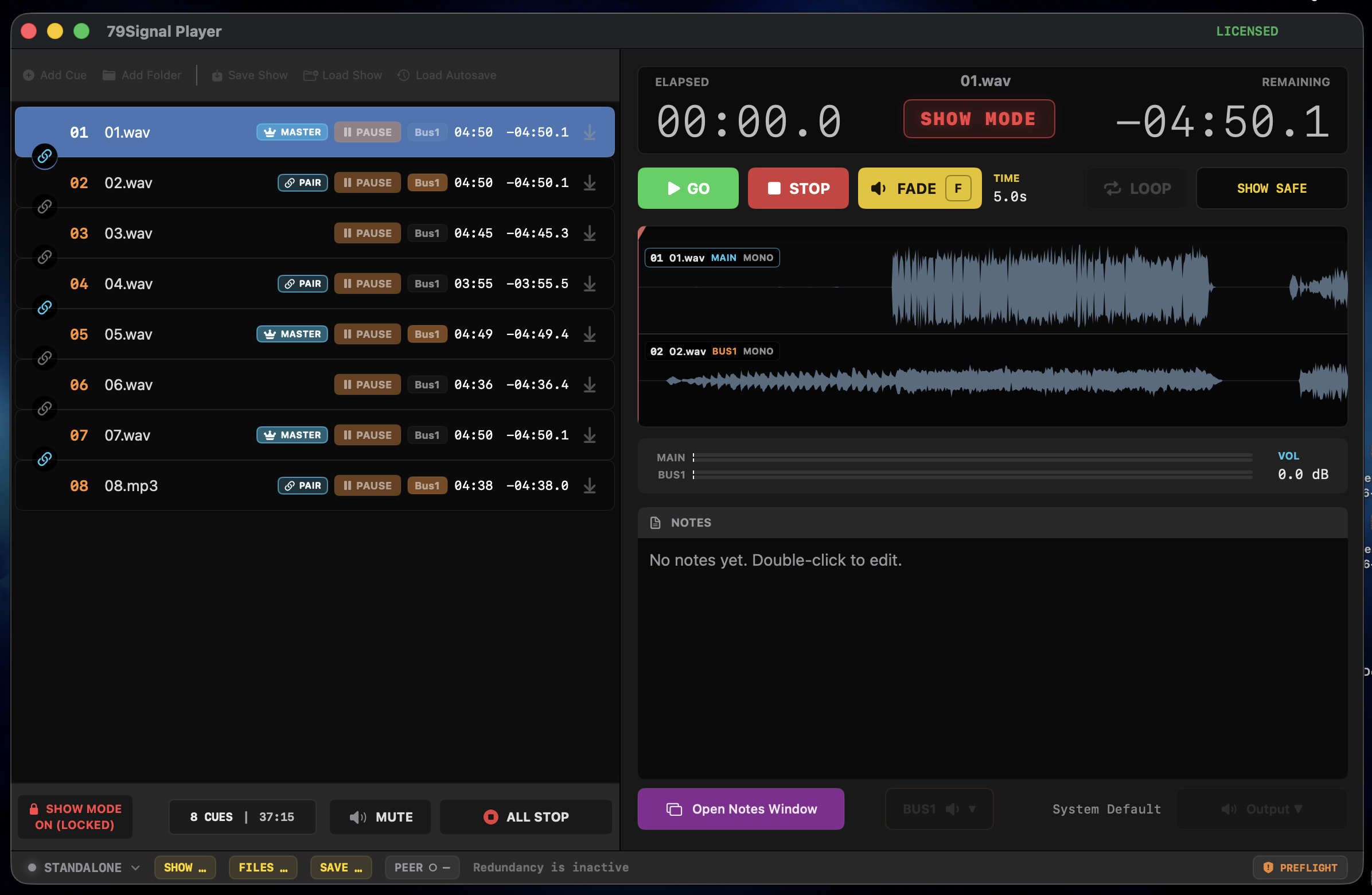 79Signal Player with Show Mode active, editing controls locked and a linked pair ready to play