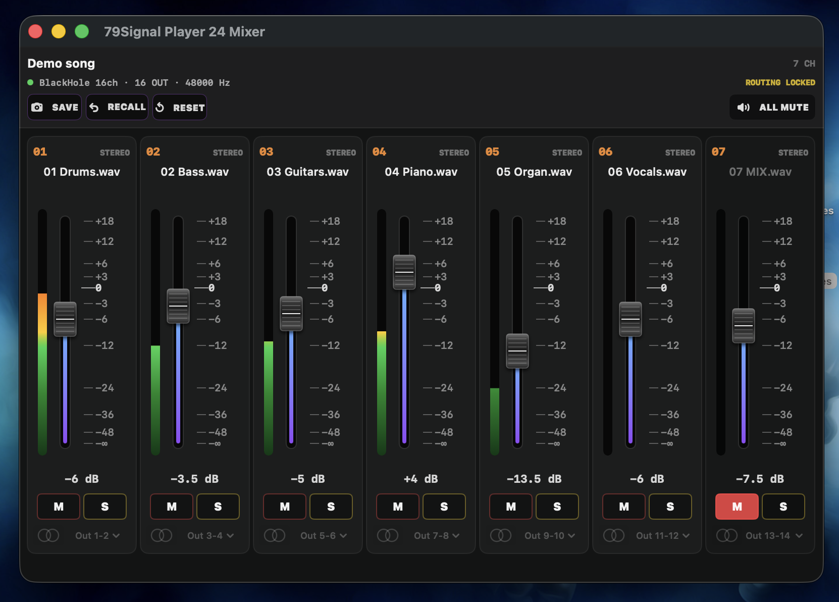 79Signal Player 24 seven-channel Mixer with adjusted faders, active level meters and snapshot controls