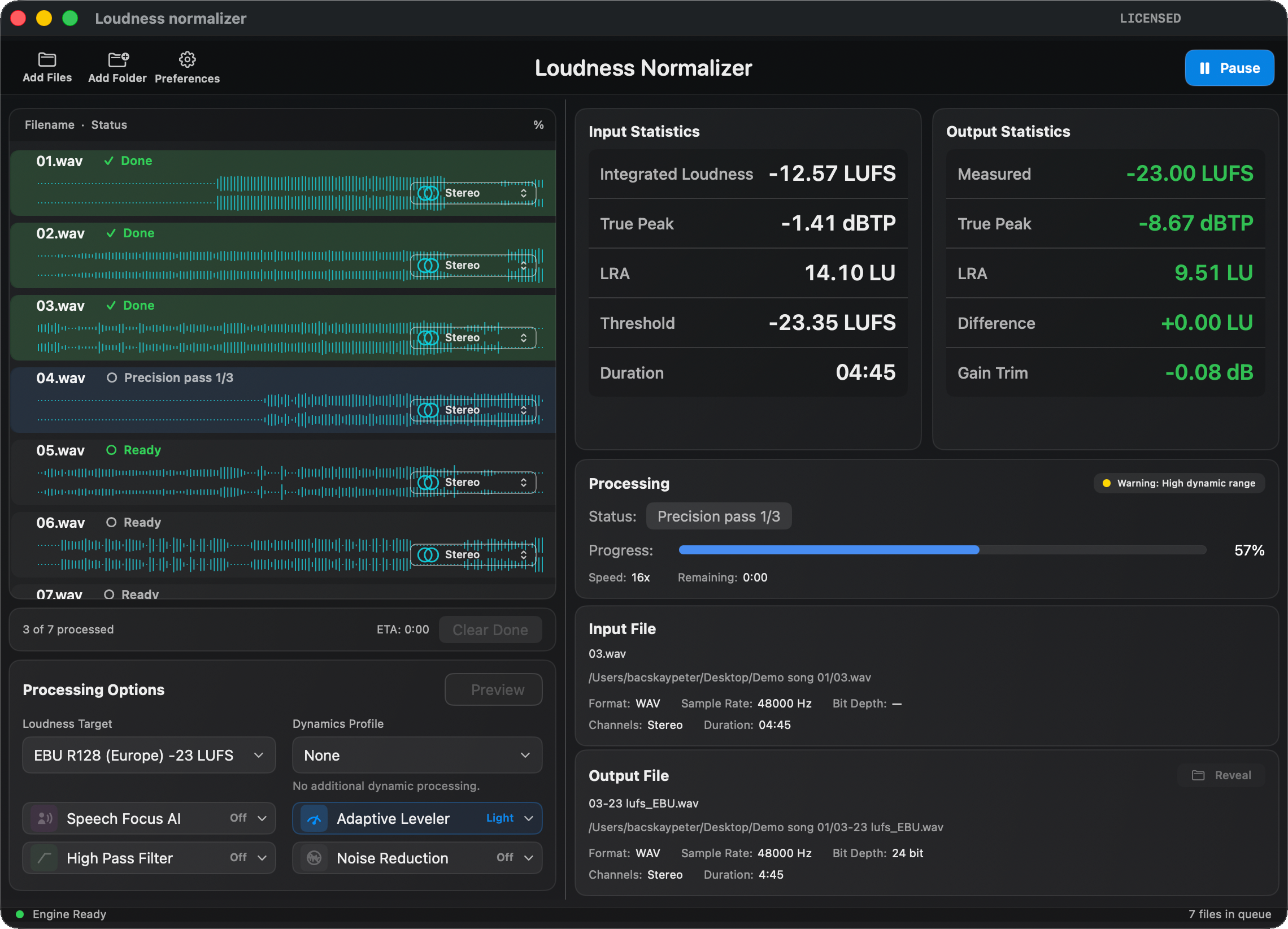 Loudness Normalizer full application window with waveform queue, processing options, measurements and input/output details