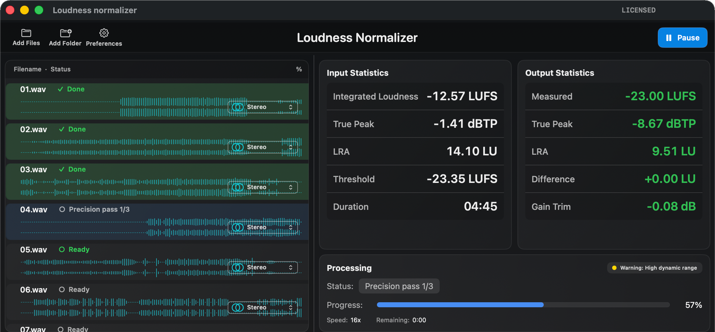 Loudness Normalizer queue and input/output measurements during batch processing