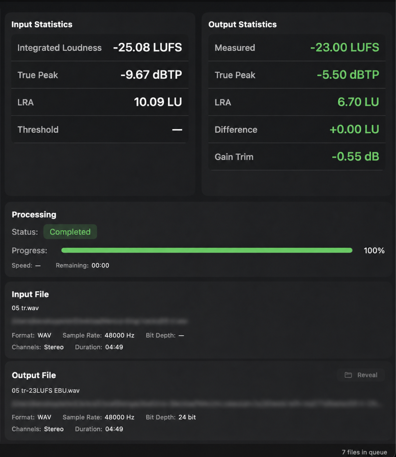 Input and output loudness statistics with verified processing result