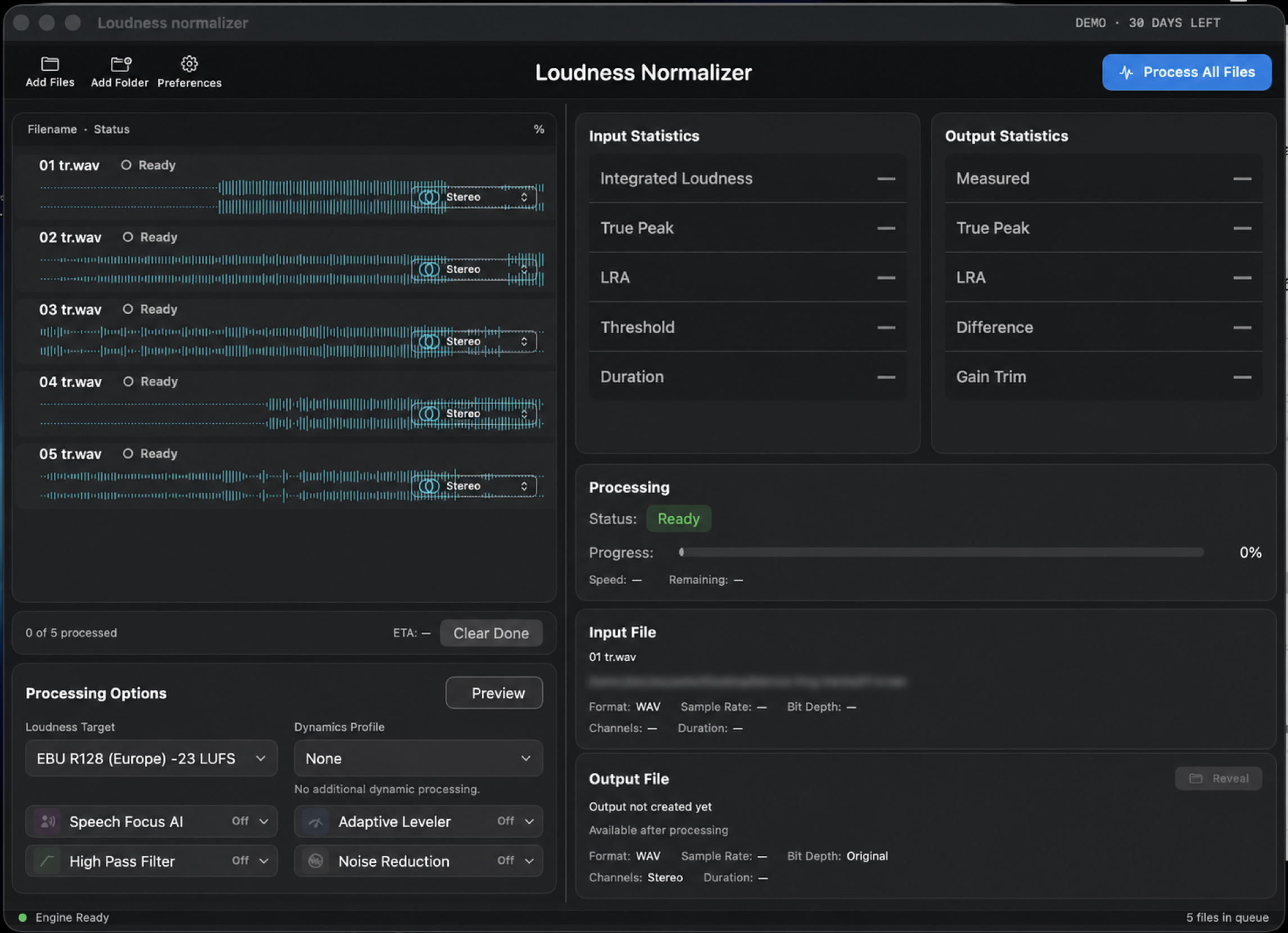 Loudness Normalizer main window with the current waveform-based track design and professional target controls