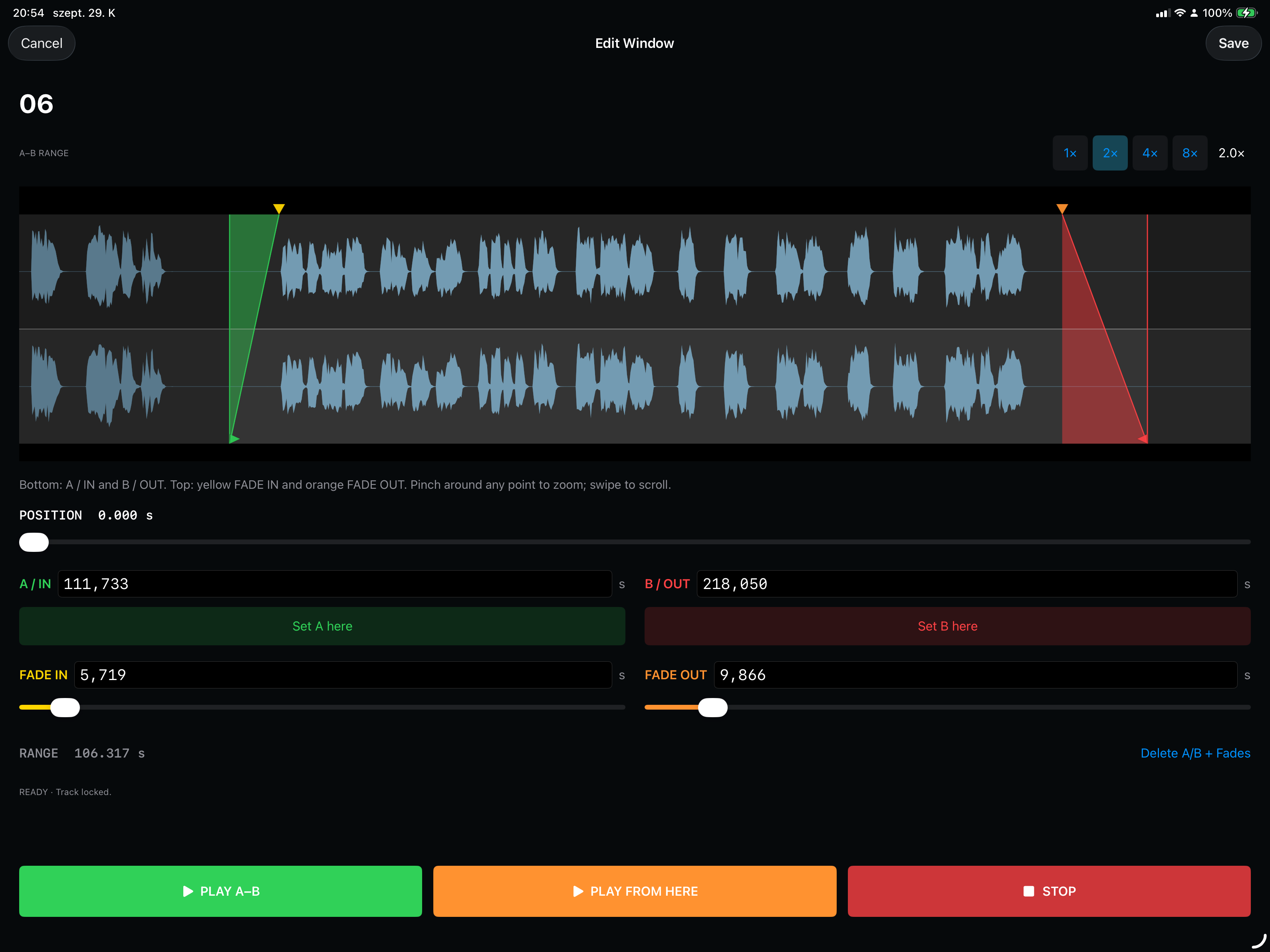 Player Lite Edit Window on iPad showing a stereo waveform, A/B playback markers, fade-in and fade-out curves, zoom and preview controls