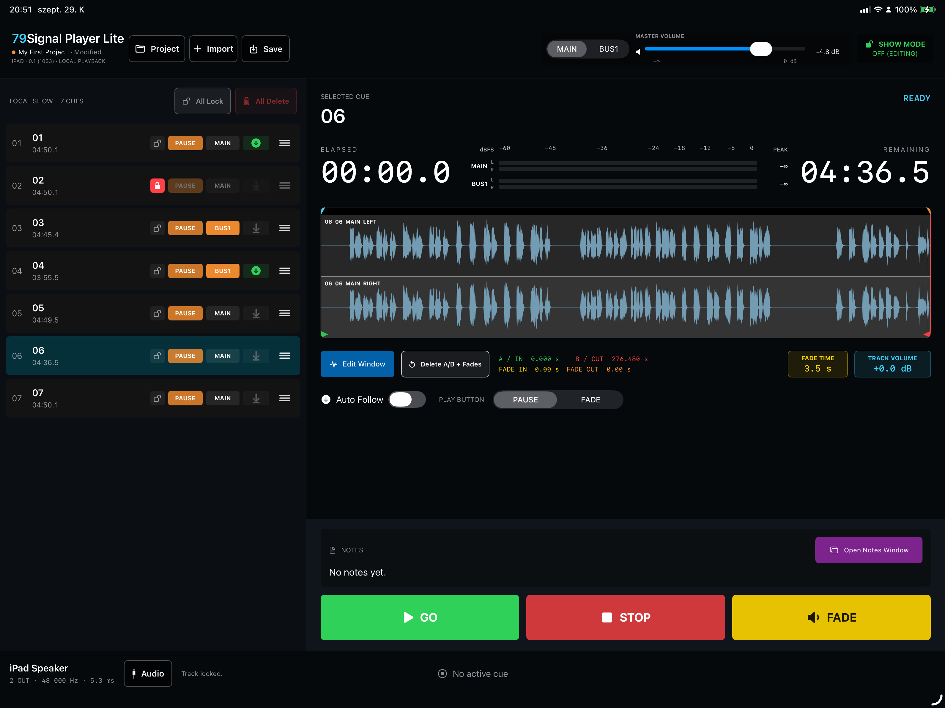 79Signal Player Lite development preview with cue list, waveform and touch playback controls